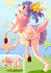 animal_ears animalization blue_hair blush deerling ear edmol flower furrification grass hair_flower hair_ornament leaf panties pink_panties pokemon pokemon_bw red_eyes shaking skirt socks sweat torn_clothes transformation underwear