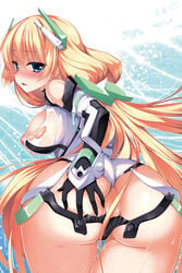 angela_balzac ass bare_shoulders blonde_hair blue_eyes blush bodysuit breasts clothing elbow_gloves expelled_from_paradise female gloves headgear highres large_breasts leotard leotard_aside long_hair looking_at_viewer looking_back low_twintails ninoko nipples open_mouth solo sweat tied_hair torn_clothes twintails very_long_hair