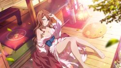 big_breasts breasts_peeking_out_of_shirt brown_hair embarrassed feet mugino_shizuri official_art thighs to_aru_majutsu_no_index yukata