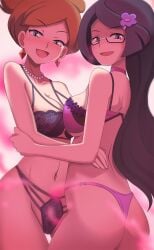 2girls :d artist_name ass aurea_juniper blush bra breasts brown_hair cleavage clothing creatures_(company) female female_only fennel_(pokemon) game_freak glasses hi_res legs_together lingerie long_hair looking_at_viewer matching_underwear medium_breasts nintendo open_mouth panties pink_bra pink_panties pokemon pokemon_(game) pokemon_bw purple_bra purple_panties short_hair smile thong vivivoovoo wide_hips yuri