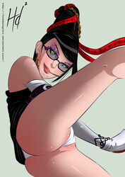 1girls ass bayonetta bayonetta_(character) beauty_mark black_hair blush cameltoe color earrings elbow_gloves female female_only from_below glasses green_eyes hair_ribbon hotdesigns2 lollipop looking_at_viewer looking_down makeup mole mouth_hold panties partially_visible_vulva presenting sega shiny shiny_skin simple_background smile solo thong upskirt white_gloves white_panties