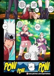 1boy 3girls adult after_sex age_difference angry annoyed ass big_ass big_breasts blonde_hair breasts_out brown_hair caught caught_in_the_act clenched_fist clenched_hand comic completely_nude completely_nude_female dialogue english_text female forest ino_yamanaka jiraiya male multiple_girls naruto naruto_(series) naruto_shippuden nature nipple_slip nipples no_bra nude nude_female outdoors panties partially_clothed partially_clothed_female partially_clothed_male pink_hair punch punching revealing_clothes sakura_haruno skimpy skimpy_clothes speech_bubble story super_melons teenager tenten text text_bubble voluptuous white_hair