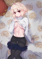 arcueid_brunestud blonde_hair blue_skirt blush breasts clothes_lift highres huge_breasts looking_at_viewer melty_blood miniskirt no_bra panties pantyhose red_eyes short_hair skirt solo stripping sweat sweater sweater_lift taketsuki_217 tsukihime turtleneck type-moon underboob undressing