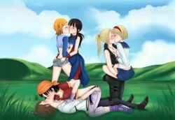 2d 6+girls 6girls ass_cleavage bandana ben_10 butt_crack chichi crack_ship crossover dragon_ball dragon_ball_gt eastern_and_western_character female female_only french_kiss gwen_tennyson huieii human juli_kidman kissing mortal_kombat multiple_girls orange_bandana pan_(dragon_ball) resident_evil sherry_birkin short_hair sonya_blade teenager the_evil_within yuri