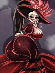 1girls ass ass_in_dress big_breasts big_hat bitterbunz boob_window cleavage fanart hazbin_hotel large_breasts looking_at_viewer rosie_(hazbin_hotel) short_hair solo white_hair