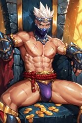 ai_generated bulge gold_(metal) koga_(paladins) male male_only mask masked_male mouth_mask ninja solo spread_legs thief throne white_hair