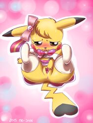 anus ass black_eyes color cosplay_pikachu dress female female_only feral front_view fur looking_at_viewer nintendo open_mouth pikachu pikachu_pop_star pokemon pussy shinsuke solo spread_legs spread_pussy yellow_fur