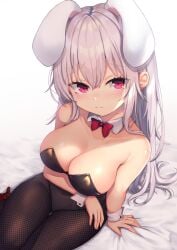 alternate_costume animal_ears bow bowtie breasts cleavage commentary_request detached_collar female highres large_breasts leotard long_hair pantyhose pink_eyes playboy_bunny rabbit_ears red_bow red_bowtie reisen_udongein_inaba silver_hair sitting solo thighs touhou wowoguni