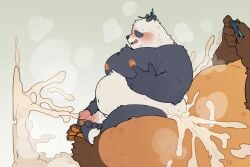 2024 absurd_res anthro balls bear belly big_belly black_body blush bodily_fluids brown_body cum duo ejaculation erection gaming genital_fluids genitals giant_panda hi_res kemono leaf male male/male mammal moobs nintendo nintendo_switch nipples overweight overweight_male penis playing_videogame quanjiang sex white_body