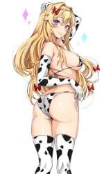 alternate_costume amagi_(amagi626) animal_print arm_up ass bikini blonde_hair bow breasts butt_crack cow_print cow_print_bikini female from_behind hair_intakes hairbow highres lips long_hair looking_at_viewer looking_back mature_female medium_breasts milf multiple_hair_ties no_headwear print_bikini purple_eyes red_bow red_nails revision side-tie_bikini_bottom sidelocks solo string_bikini swimsuit thighhighs touhou very_long_hair wet white_background white_headwear yakumo_yukari yukari_yakumo