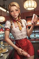 ai_generated cum cum_in_mouth cum_on_clothes fast_food fast_food_uniform femboy handjob katiekursuz_(artist) katiekursuz_(oc) looking_at_viewer standing