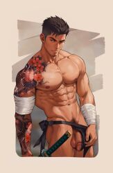 1boy abs arm_tattoo bandaged_arm bandages censored closed_mouth cowboy_shot facial_hair flaccid fundoshi groin highres irezumi japanese_clothes large_penis light_frown male male_only male_pubic_hair mosaic_censoring muscular muscular_male nipples nude original pectorals penis penis_peek pubic_hair shian948076 short_hair shoulder_tattoo sideways_glance simple_background solo standing tan tattoo undercut