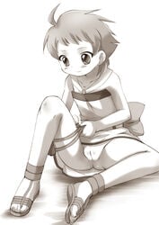 blush dress female female knee_up legs live_on_cardliver_kakeru monochrome no_panties oba_ran pussy sawatari_jinshi short_dress short_hair sitting solo spread_legs tagme uncensored