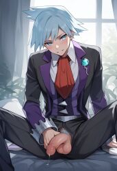 1boy ai_generated ai_golden_map balls clothing cum_drip male male_only penis pokemon pokemon_oras post_orgasm precum pubic_hair semi-erect silver_eyes silver_hair smiling_at_viewer solo solo_male steven_stone_(pokemon) tagme