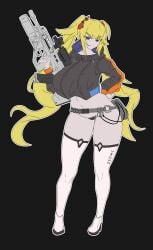 assault_rifle blonde_hair blue_eyes gun looking_at_viewer tagme targer twintails