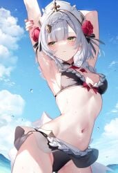 1girls ai ai_generated arms_behind_head arms_up bikini black_bikini blush clouds day female female_focus female_only flower_in_hair flowers front_view genshin_impact green_eyes grey_hair hoyoverse light-skinned_female light_skin lowres miniskirt noelle_(genshin_impact) ocean poyon_na rose_(flower) short_hair small_breasts standing summer swimsuit thong_bikini water