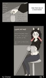 alcohol alcoholic_drink champaanimation champi_(oc) comic comic_page comic_panel crop_top cup dialogue drinking drugged drugs english_text goat goat_ears goat_horns hoodie imminent_rape jeans long_hair looking_at_viewer messy_hair no_background offering page_3 page_number pills poison roofi simple_background sitting tail text white_fur