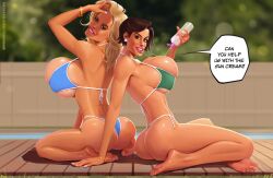 2girls barefoot bikini bimbo blonde_hair brown_hair colette_flynn dsl feet huge_ass huge_breasts multiple_girls temogam