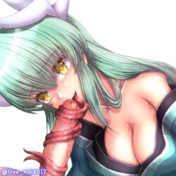 1boy 1girls blush breasts censored cleavage clothed_sex clothing dragon_girl dragon_horns fate/grand_order fate_(series) fellatio female female_focus freenote022 green_hair horns in_love in_love_with_viewer kiyohime_(fate) kiyohime_(fate/grand_order) large_breasts licking_penis long_hair long_tongue looking_at_viewer male_pov mosaic_censoring penis penis_lick saliva seductive seductive_look seductive_smile sex smiling smiling_at_viewer snake_tongue solo_focus tagme tagme_(artist) tongue watermark yellow_eyes