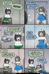 1boy 2girls after_sex big_breasts bob_cut cleavage doctorloops funny humor imprint joke laugh mona_(doctorloops) nurse veronica_(doctorloops)