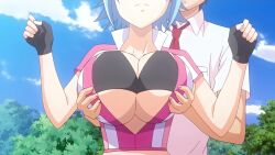 1boy 1girls animated big_breasts breast_grab breasts censored eyes_out_of_frame female grabbing_breasts honoo_no_haramase_oppai_ero_appli_gakuen huge_breasts large_breasts looping_animation no_sound outdoors pink_pineapple screencap shimano_matsuri shorter_than_10_seconds shorter_than_30_seconds tagme video