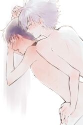 against_wall blank_background blush brown_hair collar crying crying_with_eyes_closed drool drooling eyes_closed gay grabbing_hand hand_on_leg hand_on_thigh kaworu_nagisa looking_pleasured mouth_open naked neon_genesis_evangelion nude shinji_ikari skinny sweat tagme white_background white_hair yaoi young