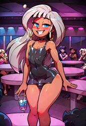 ai_generated androgynous artistatworst black_minidress blue_eyes drinking femboy feminine_male karra otoko_no_ko silver_hair trap