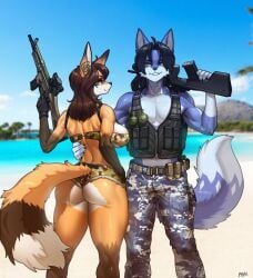 2024 anthro ass back_muscles beach belt big_breasts bottomwear bra breasts buxom canid canine carrying_over_shoulder cetme_l clothing cloud duo ear_piercing ear_ring explosives female fox gloves grenade gun hand_on_torso handwear hi_res holding_gun holding_object holding_ranged_weapon holding_weapon looking_at_another looking_at_partner looking_at_viewer male male/female mammal military_pants military_vest muscular muscular_anthro muscular_female muscular_male muscular_thighs outside palm_tree pgm300 piercing plant presenting ranged_weapon rear_view red_fox ring_piercing sand schewiener shorts signature sky smile smiling_at_another smiling_at_partner smiling_at_viewer steyr_aug teasing tiffany_fox(foxenprints) tight_bottomwear tight_clothing tight_shorts topwear tree true_fox underwear vest water weapon zaki_vastall_(zakiv)