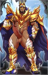 1boy balls bara beard big_balls big_penis erection generation_8_pokemon genital_fluids gijinka hairy_chest legendary_pokemon looking_at_viewer male male_nipples male_only male_pubic_hair muscular_male nintendo nipples penis pokemon precum precum_drip wolfshirtart zamazenta