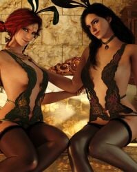 2girls 3d bed bedroom black_hair breasts bunny_ears darklordiiid female light-skinned_female lingerie multiple_girls purple_eyes red_hair stockings the_witcher_(series) the_witcher_3:_wild_hunt triss_merigold yennefer