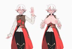 breasts breasts_out elezen elf final_fantasy_xiv glasses hiivenn_(artist) large_breasts surprised surprised_expression wardrobe_malfunction white_hair zelie_ines