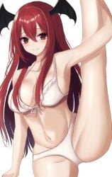 7saki arm_up bad_id bad_pixiv_id bat_wings bikini blush breasts cleavage commentary feet_out_of_frame female hair_between_eyes head_wings highres koakuma large_breasts long_hair looking_at_viewer navel red_eyes red_hair simple_background smile solo split standing standing_on_one_leg standing_split succubus swimsuit touhou very_long_hair white_background white_bikini wings