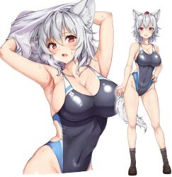 absurdres alternate_costume amagi_(amagi626) animal_ear_fluff animal_ears armpits arms_up breasts brown_footwear cleavage collarbone competition_swimsuit contrapposto covered_navel female full_body grey_hair hat highres inubashiri_momiji large_breasts looking_at_viewer momiji_inubashiri multiple_views oerba_yun_fang red_eyes red_headwear school_uniform shoes simple_background skindentation skirt socks standing sweat tail tokin_hat touhou translation_request undressing white_background wolf_ears wolf_girl wolf_tail