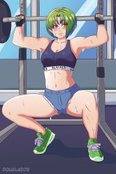 arm_sleeves athletic athletic_female brown_eyes colombian douglaz female female_focus fingerless_gloves flat_chest freckles green_hair green_nails gym hispanic hispanic_virtual_youtuber indie_virtual_youtuber latam_virtual_youtuber lifting_weights light-skinned_female light_skin ryumi ryumivt short_hair small_breasts squatting sweat sweatdrop sweating twitch twitch.tv virtual_youtuber vtuber workout workout_clothes yellow_eyes youtube youtube_hispanic