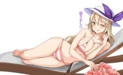 ;q amagi_(amagi626) barefoot bikini blonde_hair blush breasts cleavage female food full_body hat highres large_breasts long_hair looking_at_viewer lying mature_female milf navel on_side one_eye_closed simple_background smile solo striped_bikini striped_clothes swimsuit table toes tongue tongue_out touhou watatsuki_no_toyohime white_background