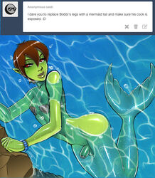 1boy androgynous aquatic badmanbastich balls bikini_top bobbi_(badmanbastich) bracelet brown_hair demonic_eyes dragon femboy foreskin girly green_skin male male_only mermaid mermaid_tail merman navel original penis pointy_ears red_eyes seashell_bra shell_bikini short_hair solo tail tail_fin testicles text trap tumblr water