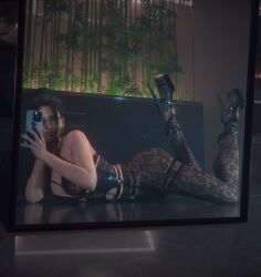 1girls 3d absurd_res absurdres ass cd_projekt_red checkpik cyberpunk_(series) cyberpunk_2077 dark-skinned_female dark_skin female female_only glasses hi_res high_heels highres iphone lingerie lying lying_on_stomach mirror mirror_selfie nail_polish nails panam_palmer phone selfie solo solo_female stockings taking_picture