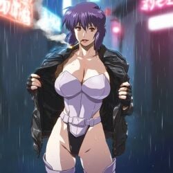 ai_generated alley cyber-wifu11 female ghost_in_the_shell kusanagi_motoko large_breasts purple_hair solo thighs