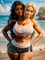 2girls 2heads ai_art ai_generated beach beach_background big_breasts black_hair black_short_shorts black_shorts blonde_hair bright_light brown_eyes brown_skin chocolate_and_vanilla cleavage cleavage_cutout conjoined conjoined_twins crop_top cropped_shirt curly_hair curvy curvy_female curvy_figure dark-skinned_female dark_skin female female/female female_only huge_breasts interracial interracial_twins large_breasts light_skin looking_at_viewer low_cut_top ocean ocean_background ocean_waves pixar_style seaart.ai see-through see-through_clothing see-through_top see_through_shirt shorts siamese_twins sisters smores stuck_together sunny swago3789 thick thick_hips thick_thighs thin_waist tight_clothes tight_clothing tight_fit twin_sisters two_tone_body two_tone_skin twoheads water water_in_background waves wavy_hair wet wet_body wet_clothes wet_skin wet_t-shirt wet_tank_top wet_top wet_topwear white_tank_top