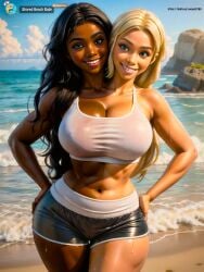 2_heads 2girls ai_art ai_generated beach beach_background big_breasts black_hair black_short_shorts black_shorts blonde_hair bright_light brown_eyes brown_skin chocolate_and_vanilla cleavage cleavage_cutout conjoined conjoined_twins crop_top cropped_shirt curly_hair curvy curvy_female curvy_figure dark-skinned_female dark_skin female female/female female_only huge_breasts interracial interracial_twins large_breasts light_skin looking_at_viewer low_cut_top multi_head ocean ocean_background ocean_waves pixar_style seaart.ai see-through see-through_clothing see-through_shirt see-through_top shorts siamese_twins sisters smores stuck_together sunny swago3789 thick thick_hips thick_thighs thin_waist tight_clothes tight_clothing tight_fit twin_sisters two_tone_body two_tone_skin water water_in_background waves wavy_hair wet wet_body wet_clothes wet_skin wet_t-shirt wet_tank_top wet_top wet_topwear white_tank_top