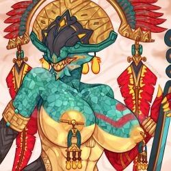 big_breasts big_nipples breasts_bigger_than_head diamoreting feathers gold_(metal) golden_nipples helmet hidden_face holding_object huge_breasts monster_girl nipple_bulge nipple_piercing nipples rule_63 sharp_teeth smiling styanax_(warframe) styanax_deluxe unseen_female_face warframe