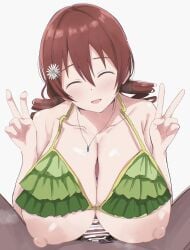 1boy absurdres bar_censor bikini bikini_top_lift blush breasts brown_hair censored closed_eyes clothes_lift colored_skin commentary_request dark-skinned_male dark_skin double_v drill_hair emma_verde erection female flower green_bikini hair_flower hair_ornament highres huge_breasts jewelry long_hair love_live! love_live!_nijigasaki_high_school_idol_club necklace nipples open_mouth paizuri penis pov pov_crotch smile sweatdrop swimsuit twin_drills v wewe white_background