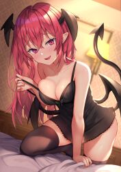 babydoll bare_shoulders bat_wings bedroom black_thighhighs blush breasts camisole camisole_pull clothes_pull collarbone commentary_request crossed_bangs demon_girl female head_wings highres koakuma lingerie long_hair medium_breasts naughty_face oerba_yun_fang open_mouth red_eyes red_hair skin_fang smile solo stockings strap_pull succubus thighhighs touhou underwear wings wowoguni