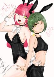 2girls artist_name artist_signature black_nails brown_eyes bunny_ears bunny_girl bunny_tail bunnysuit colombian ear_piercing earrings español female female_focus flat_chest freckles green_hair green_nails hispanic hispanic_virtual_youtuber indie_virtual_youtuber latam_virtual_youtuber light-skinned_female light_skin looking_at_viewer monochrome_background niikasauria one_eye_closed parce_alexis peace_sign ribbon ryumi ryumivt short_hair small_breasts smile solo_female twitch twitch.tv virtual_youtuber vtuber white_background white_ribbon yellow_eyes youtube youtube_hispanic