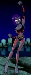 1girls angry_face artist_request birthmark dc dc_comics feet female female_only huge_feet mad purple_hair raven_(dc) ripped_bodysuit ripped_clothing ripped_pants solo tattoos teen_titans teen_titans_(television_series) teenager