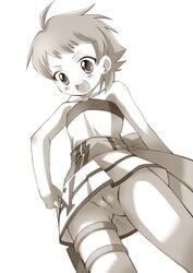 blush dress female female live_on_cardliver_kakeru monochrome no_panties oba_ran open_mouth pussy sawatari_jinshi short_dress short_hair solo tagme thighs uncensored