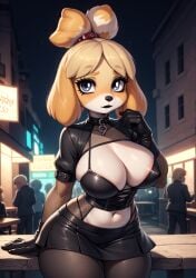 1girls ai_generated animal_crossing armwear basketmuffin big_breasts black_armwear black_clothing black_lipstick blue_eyes breasts clothed clothing female female_only goth gothified isabelle_(animal_crossing) lipstick navel nintendo outdoors outside solo solo_female