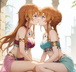 ai_generated arabian_clothes blue_eyes cleavage date_a_live kissing midriff orange_hair sitting yamai_kaguya yamai_yuzuru