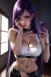 ai_generated bare_midriff bare_shoulders big_breasts breasts breasts_squeezed_together dark_purple_hair detailed_eyes eyelashes eyes female female_only fit fit_female hair hands hd hd_(traditional) high_resolution highres holding_object holding_phone iphone long_sleeves looking_at_viewer midriff model navel pose posing posing_for_picture purple_eyes purple_hair seductive seductive_look seductive_mouth seductive_smile selfie selfie_pose sensual simple_background sky4maleja smartphone sports_bra toned_stomach underwear violet_hair