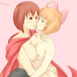 2girls android black_eyes bow cape duo female female_only ginger green_eyes hairbow kissing multiple_girls penny_polendina pink_bow red_hair ruby_rose rwby yuri